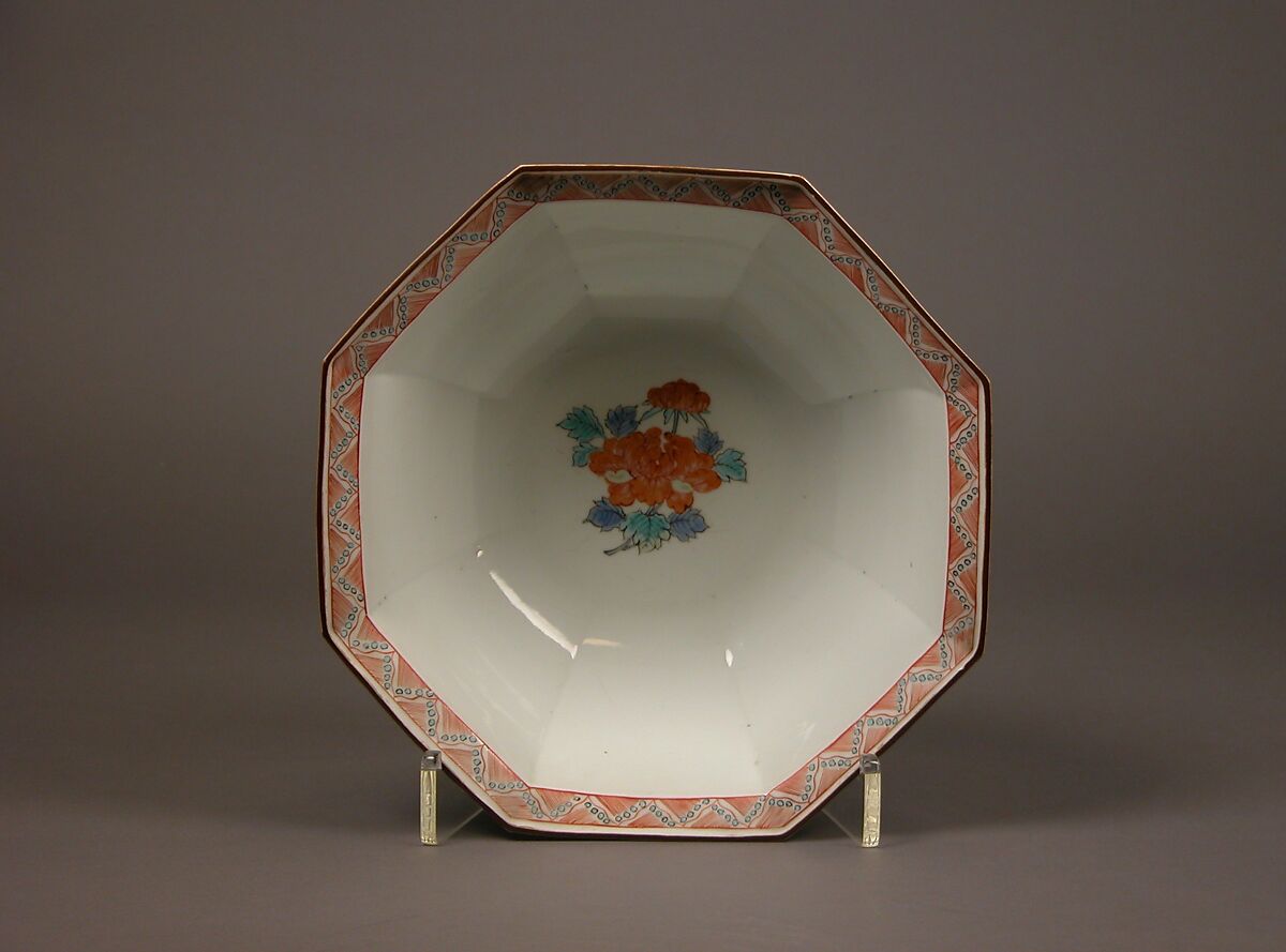 Octagonal Bowl with Design of Peonies, Porcelain with overglaze enamels (Hizen ware, Arita region, Kakiemon style), Japan