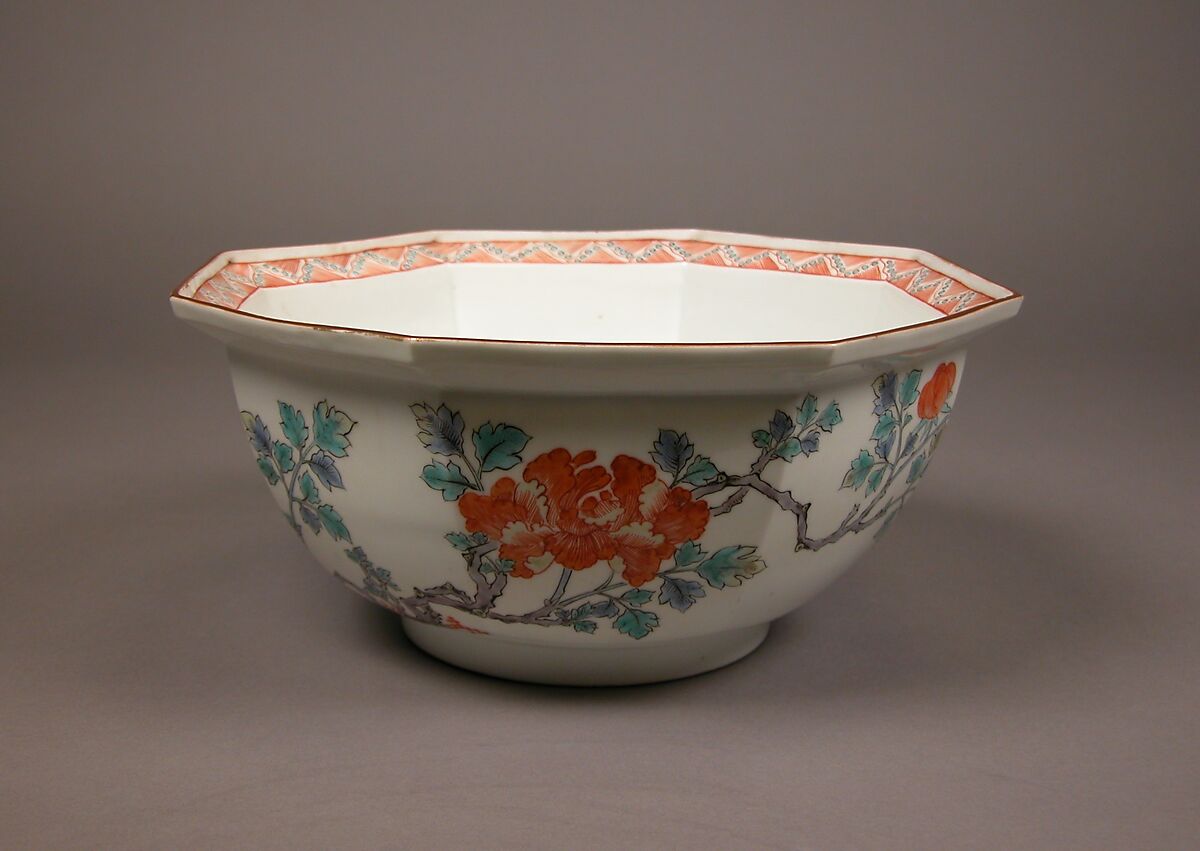 Octagonal Bowl with Design of Peonies, Porcelain with overglaze enamels (Hizen ware, Arita region, Kakiemon style), Japan 