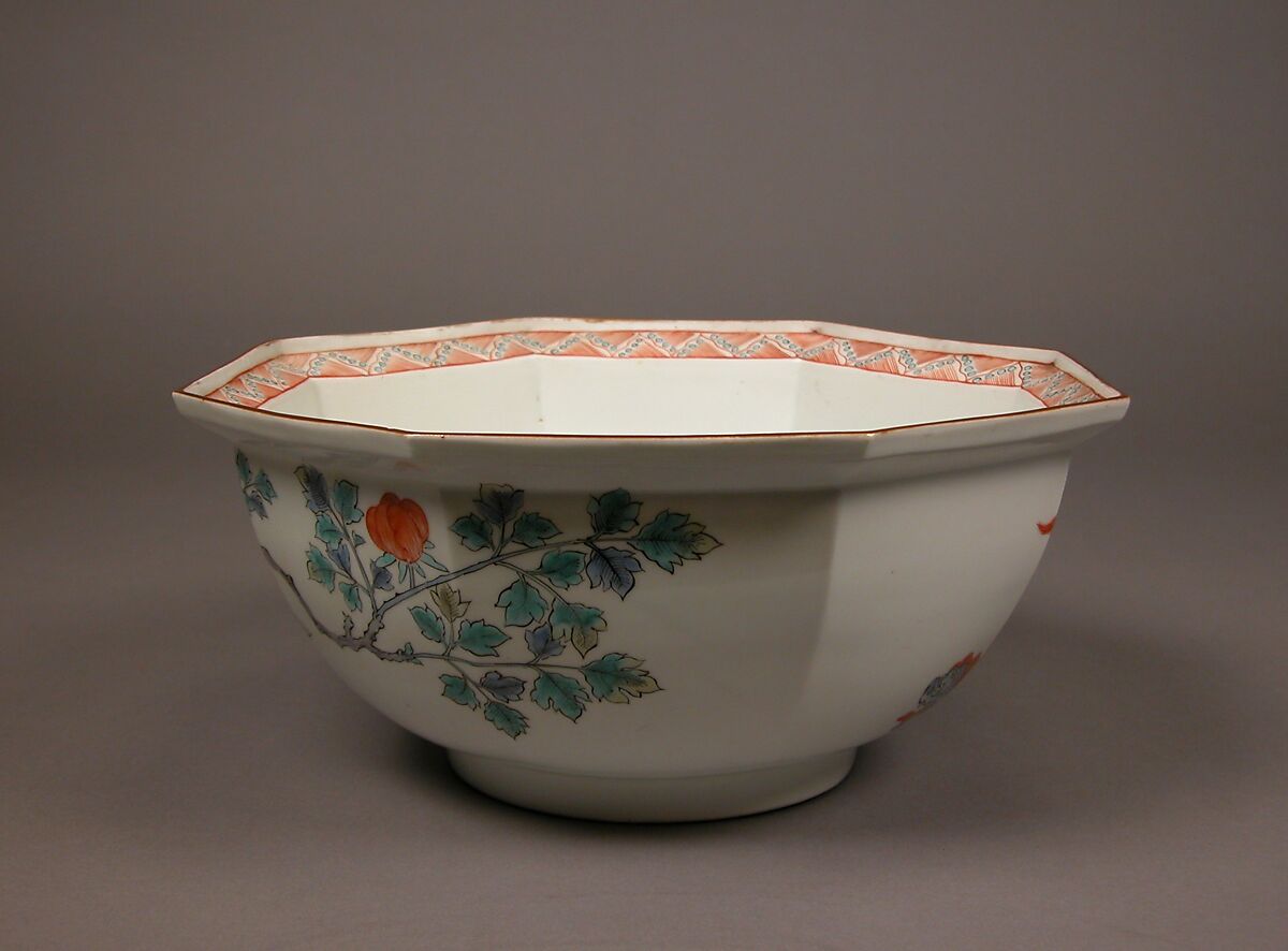 Octagonal Bowl with Design of Peonies, Porcelain with overglaze enamels (Hizen ware, Arita region, Kakiemon style), Japan