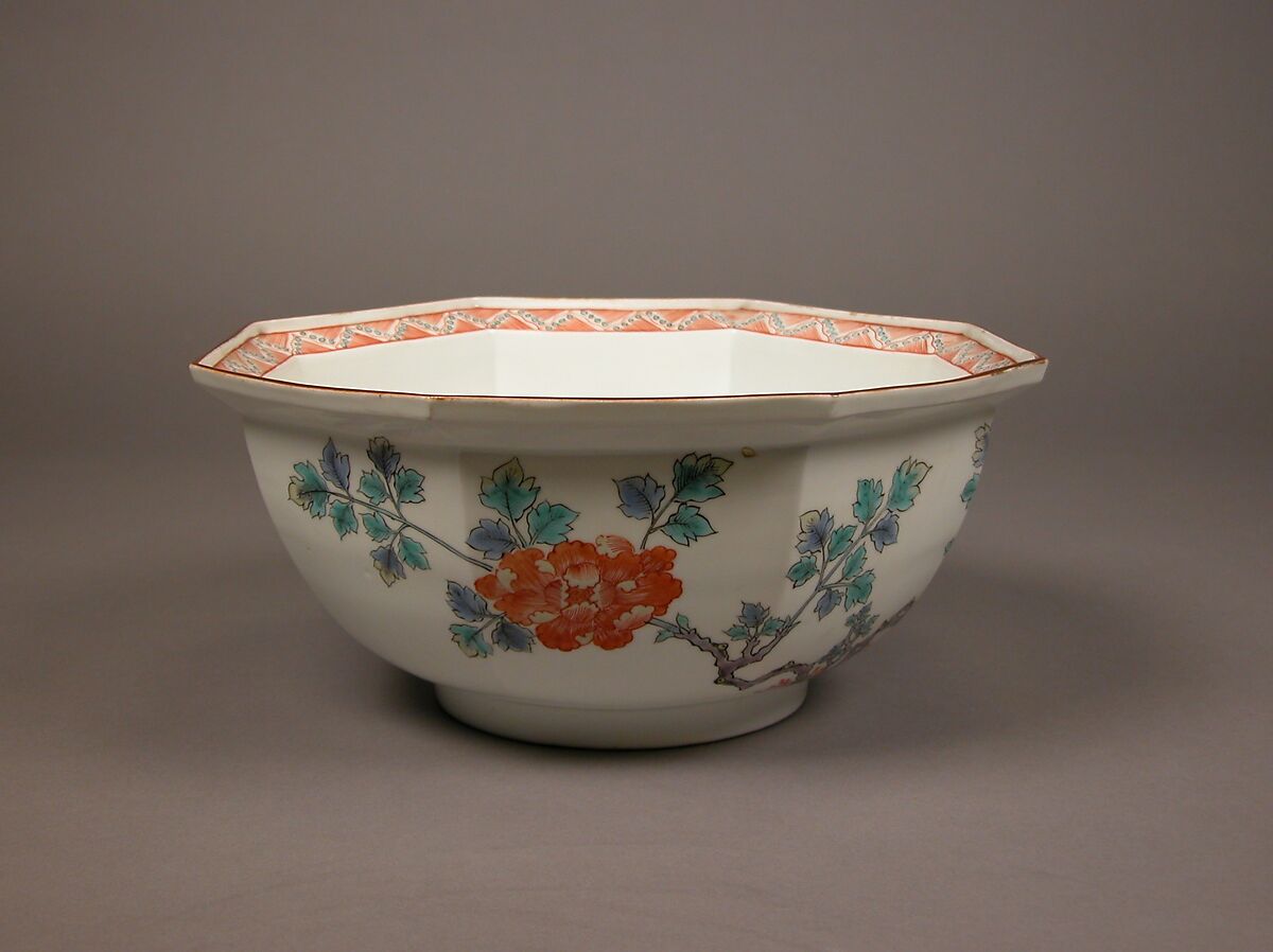 Octagonal Bowl with Design of Peonies, Porcelain with overglaze enamels (Hizen ware, Arita region, Kakiemon style), Japan