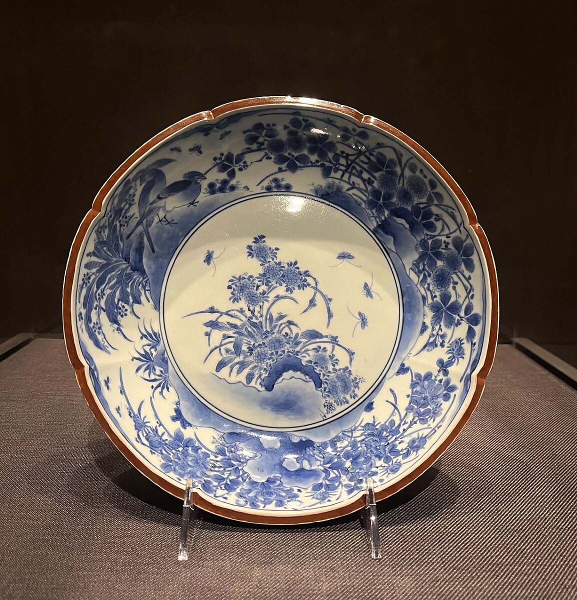 Deep Dish with Birds, Flowers, and Insects, Porcelain with cobalt blue under transparent glaze (Hizen ware, Kakiemon type), Japan