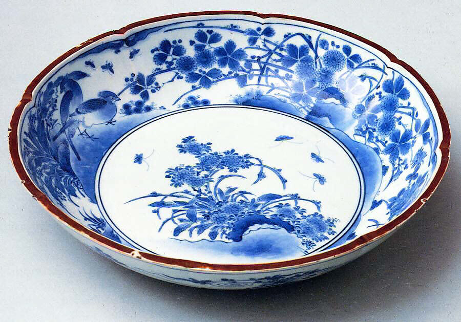 Deep Plate with Eight-Lobed Rim and Decoration of Birds, Flowers and Insects, Porcelain with underglaze blue decoration (Arita ware, Kakiemon type), Japan 