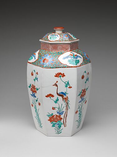 Hexagonal Jar with Flower and Bird Decoration (one of a pair)