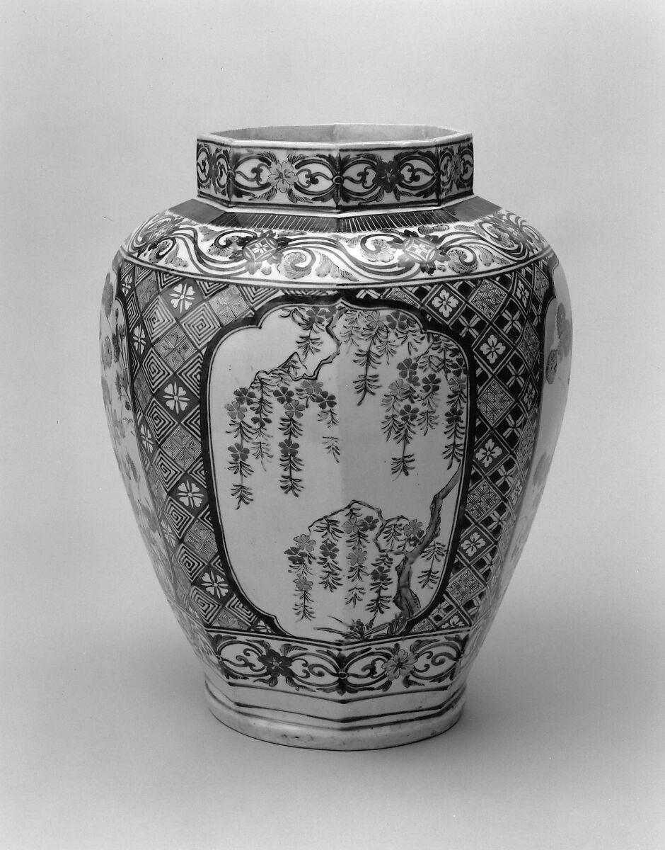 Octagonal Jar with Decoration of Flowering Cherry and Chrysanthemum, Porcelain with overglaze enamels (Arita ware, Kakiemon-related type), Japan 
