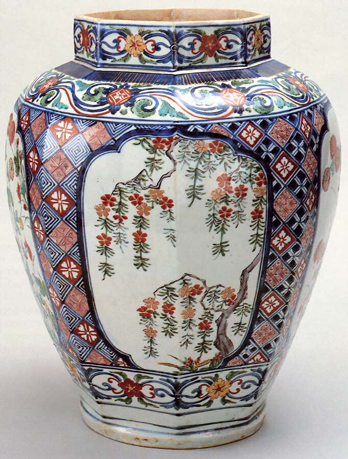 Octagonal Jar with Decoration of Flowering Cherry and Chrysanthemum, Porcelain with overglaze enamels (Arita ware, Kakiemon-related type), Japan