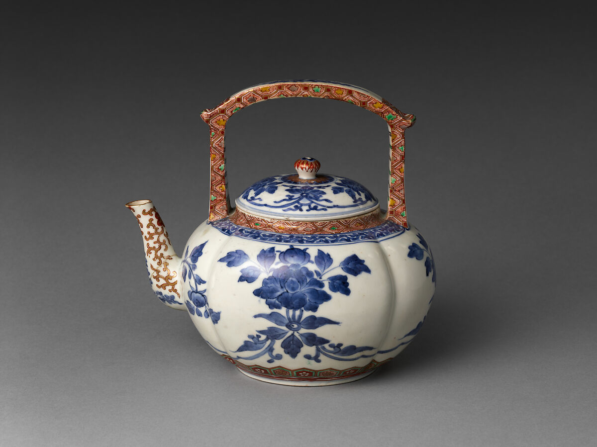 Teapot in Melon Shape with Peonies, Porcelain painted with cobalt blue under and colored enamels over transparent glaze (Hizen ware, Kakiemon type), Japan 