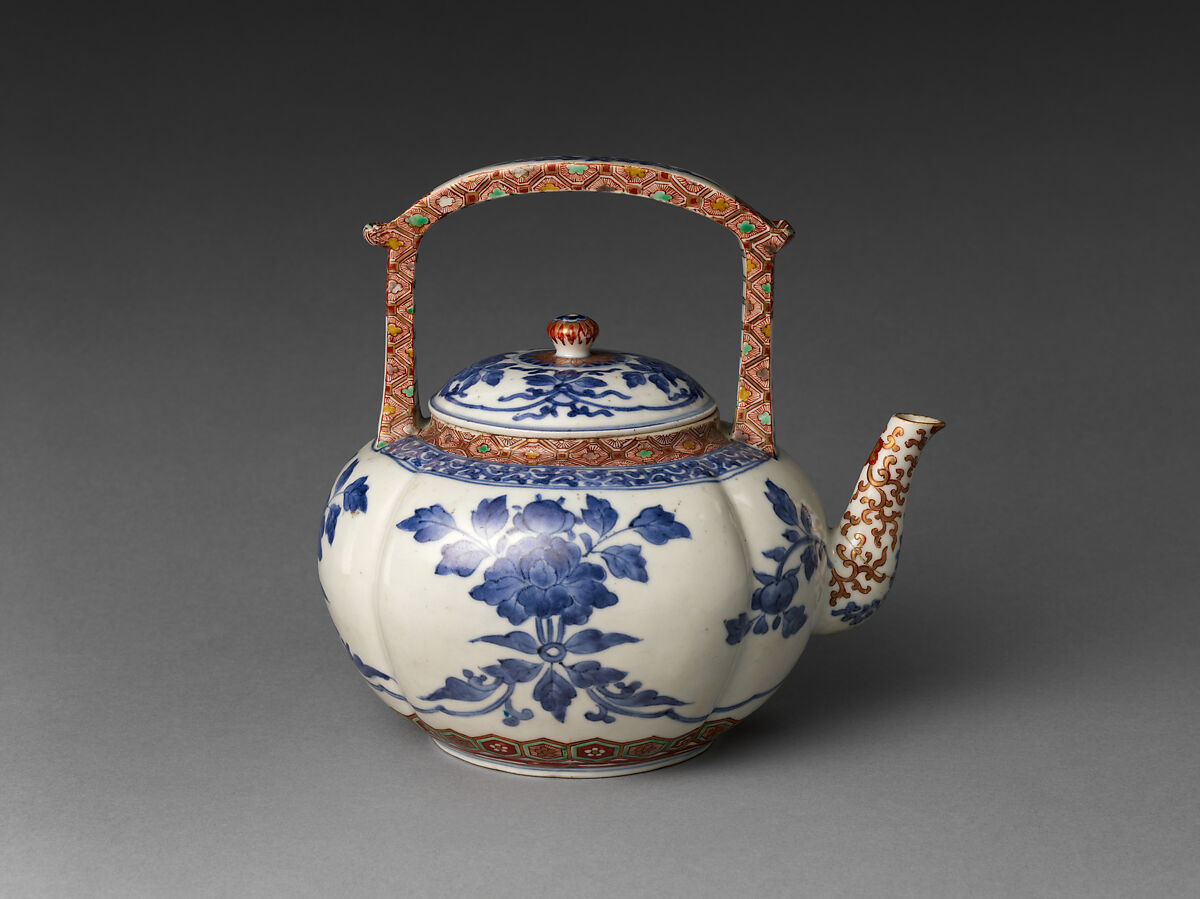 Teapot in Melon Shape with Peonies, Porcelain painted with cobalt blue under and colored enamels over transparent glaze (Hizen ware, Kakiemon type), Japan