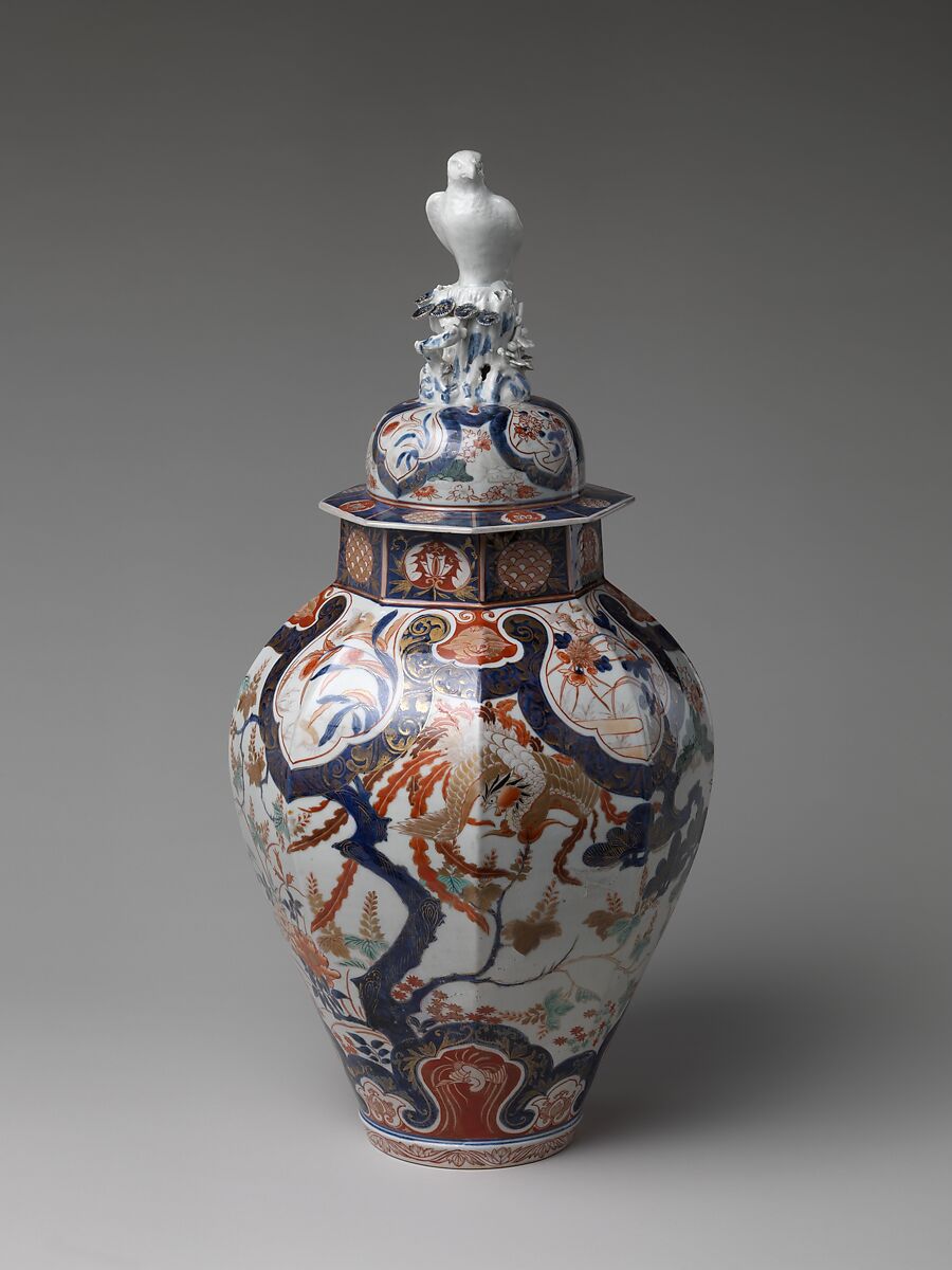 Large Baluster Jar with Phoenix and Figure of Hawk on Lid, Porcelain with underglaze blue decoration, overglaze enamels, and gold (Arita ware, Ko Imari type), Japan 