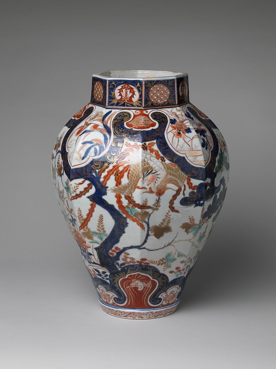 Large Baluster Jar with Phoenix and Figure of Hawk on Lid, Porcelain with underglaze blue decoration, overglaze enamels, and gold (Arita ware, Ko Imari type), Japan