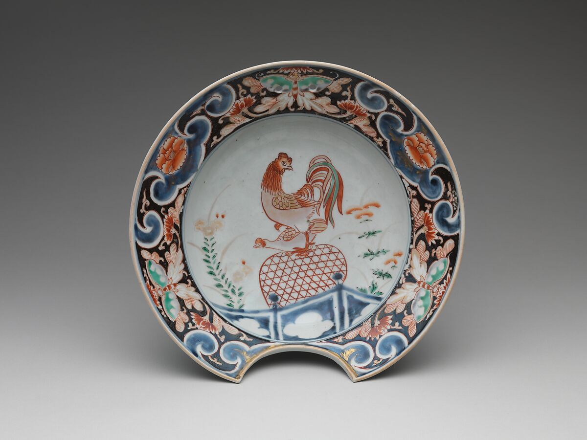 Barber's Bowl with Cockerel, Porcelain with underglaze blue decoration and overglaze enamels (Hizen ware, Ko Imari type), Japan 