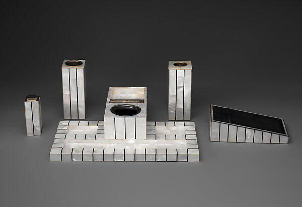 Desk Set, Josef Hoffmann (Austrian, Pirnitz 1870–1956 Vienna), Wood, mother-of-pearl, ebony, silver, leather, suede, glass