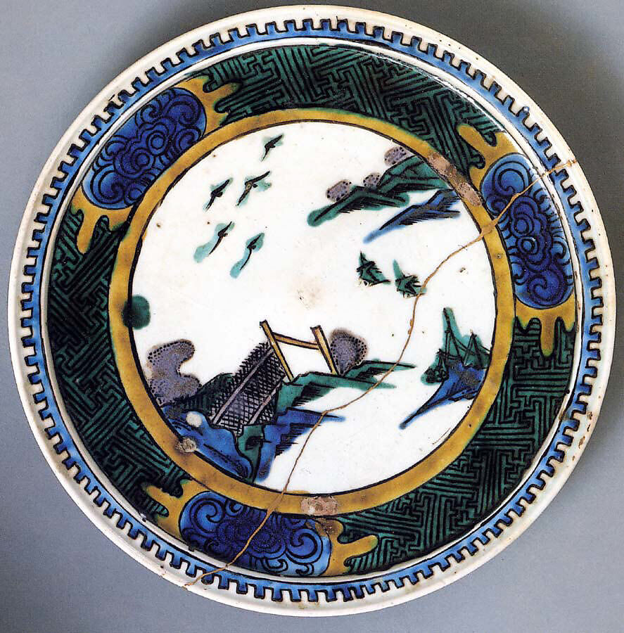 Plate with Landscape Decoration, Overglaze enamels (Arita ware, Ko Kutani style), Japan 