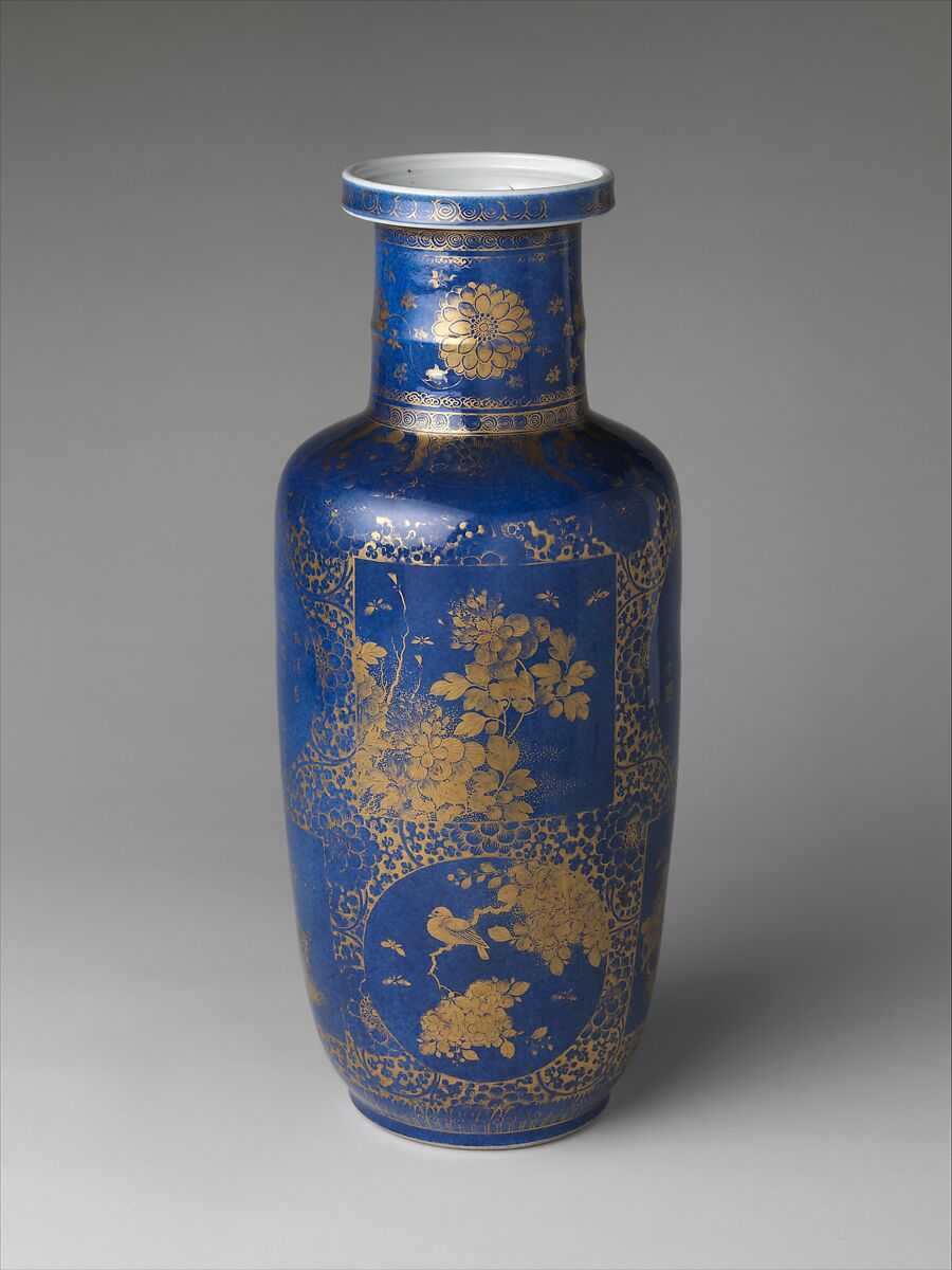 Vase decorated with flowers, birds, and poems, Porcelain with powder blue glaze and gilding (Jingdezhen ware), China