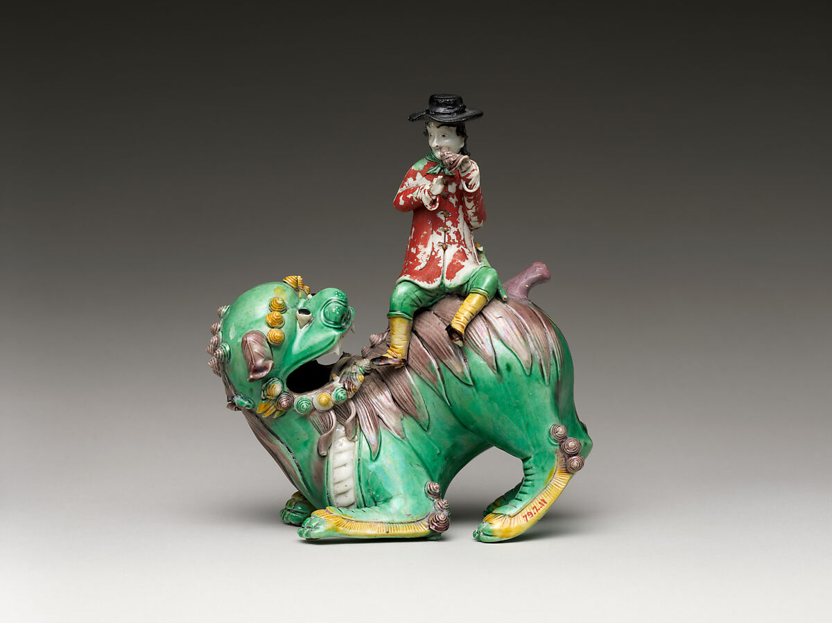 European Sitting on a Lion, Porcelain with colored glazes and vermilion pigment on the biscuit (Jingdezhen ware), China 