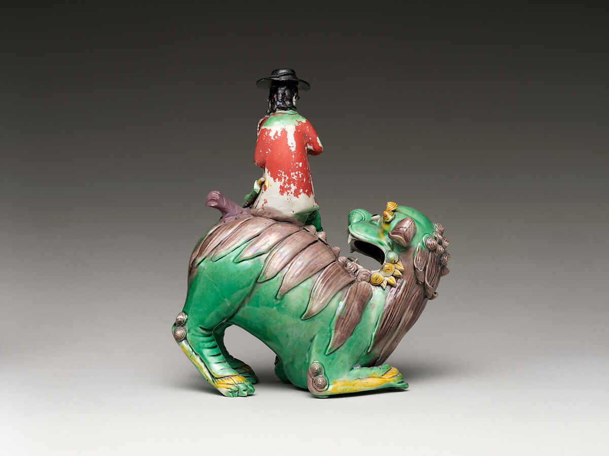 European Sitting on a Lion, Porcelain with colored glazes and vermilion pigment on the biscuit (Jingdezhen ware), China