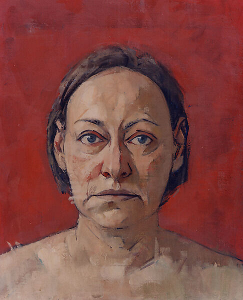 Self-Portrait (red background), Mary Beth McKenzie (American, born Cleveland, Ohio, 1946), Oil on canvas 