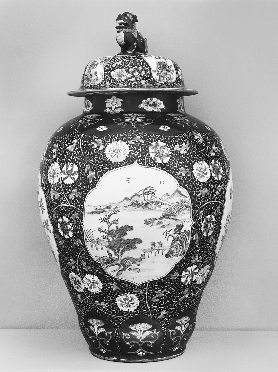 Covered jar with landscape scenes, Porcelain painted in overglaze polychrome enamels (Jingdezhen ware), China 