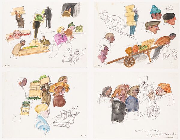 Sketches at les Halles, Raymond Mason (British, 1922–2010), Watercolor and pen and ink on paper 