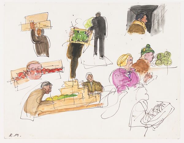 Sketches at les Halles, Raymond Mason (British, 1922–2010), Watercolor and pen and ink on paper