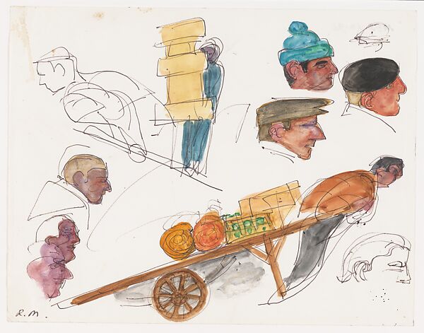 Sketches at les Halles, Raymond Mason (British, 1922–2010), Watercolor and pen and ink on paper