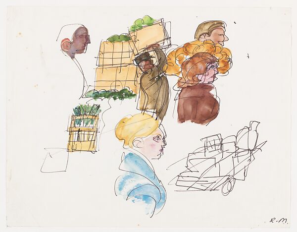 Sketches at les Halles, Raymond Mason (British, 1922–2010), Watercolor and pen and ink on paper