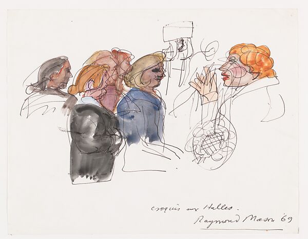 Sketches at les Halles, Raymond Mason (British, 1922–2010), Watercolor and pen and ink on paper