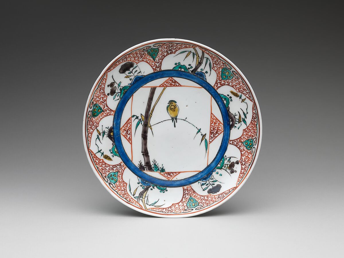 Dish with Bird on Bamboo, Porcelain with overglaze enamels (Hizen ware, Ko Kutani type), Japan 