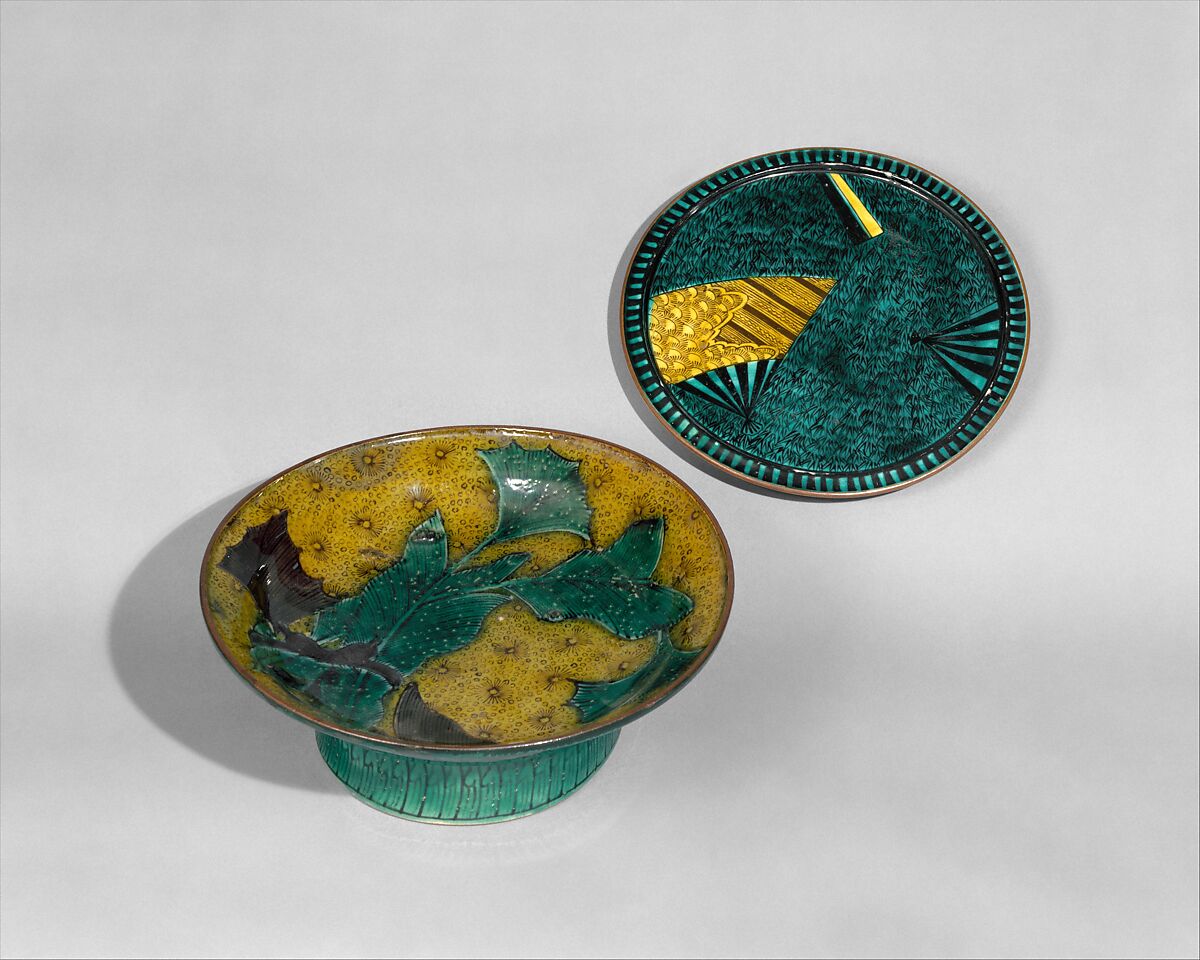 Deep Footed Plate with Decoration of Leaves, Polychrome enamels (Kutani ware, Yoshidaya revival), Japan 
