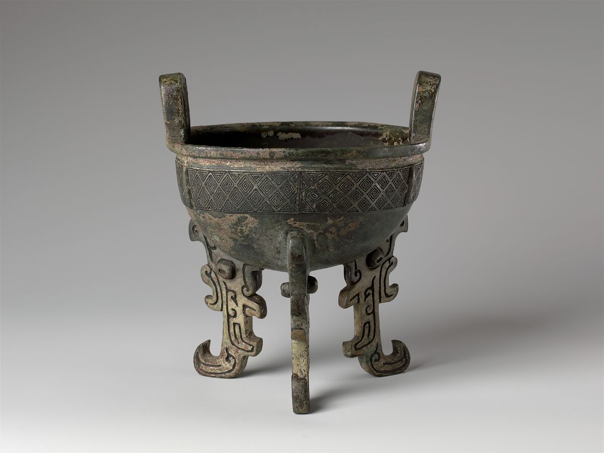 Tripod cauldron (ding), Bronze, black pigment inlay, China