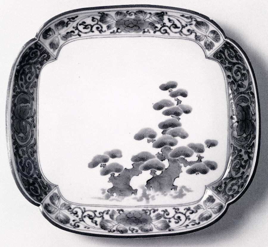 Square-Lobed Dish with Decoration of Old Pine Trees, Underglaze blue with brown-glazed rim (Arita ware, Kakiemon type), Japan 