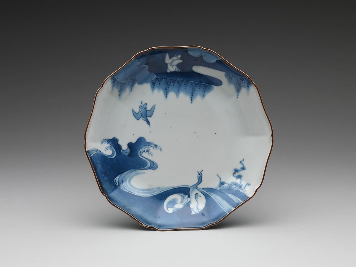 Plate with Geese and Waves, Porcelain with underglaze blue (Hizen ware, Kakiemon type), Japan 