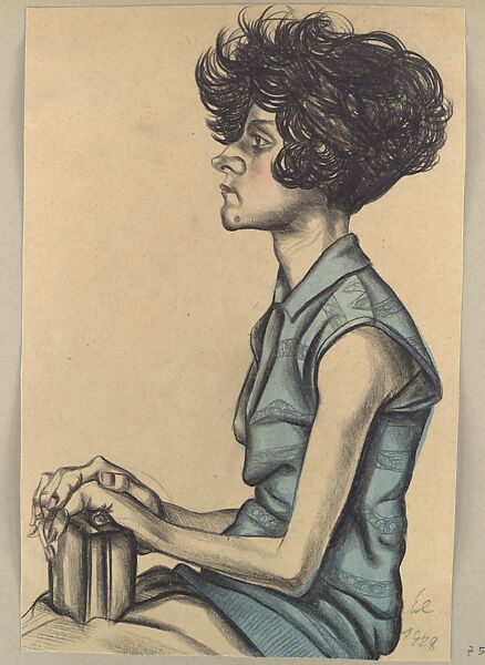 Woman in Blue Dress, Hanna Nagel (German, Heidelberg 1907–1975 Heidelberg), Lithographic crayon and watercolor on paper, mounted to cardstock 