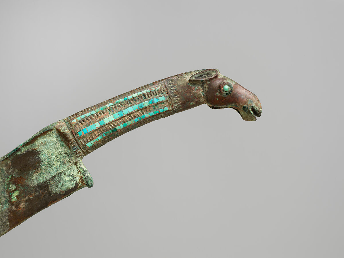 Animal-Head Knife, Bronze inlaid with turquoise, China