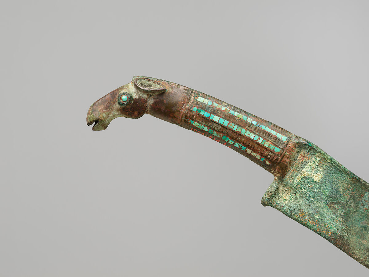 Animal-Head Knife, Bronze inlaid with turquoise, China