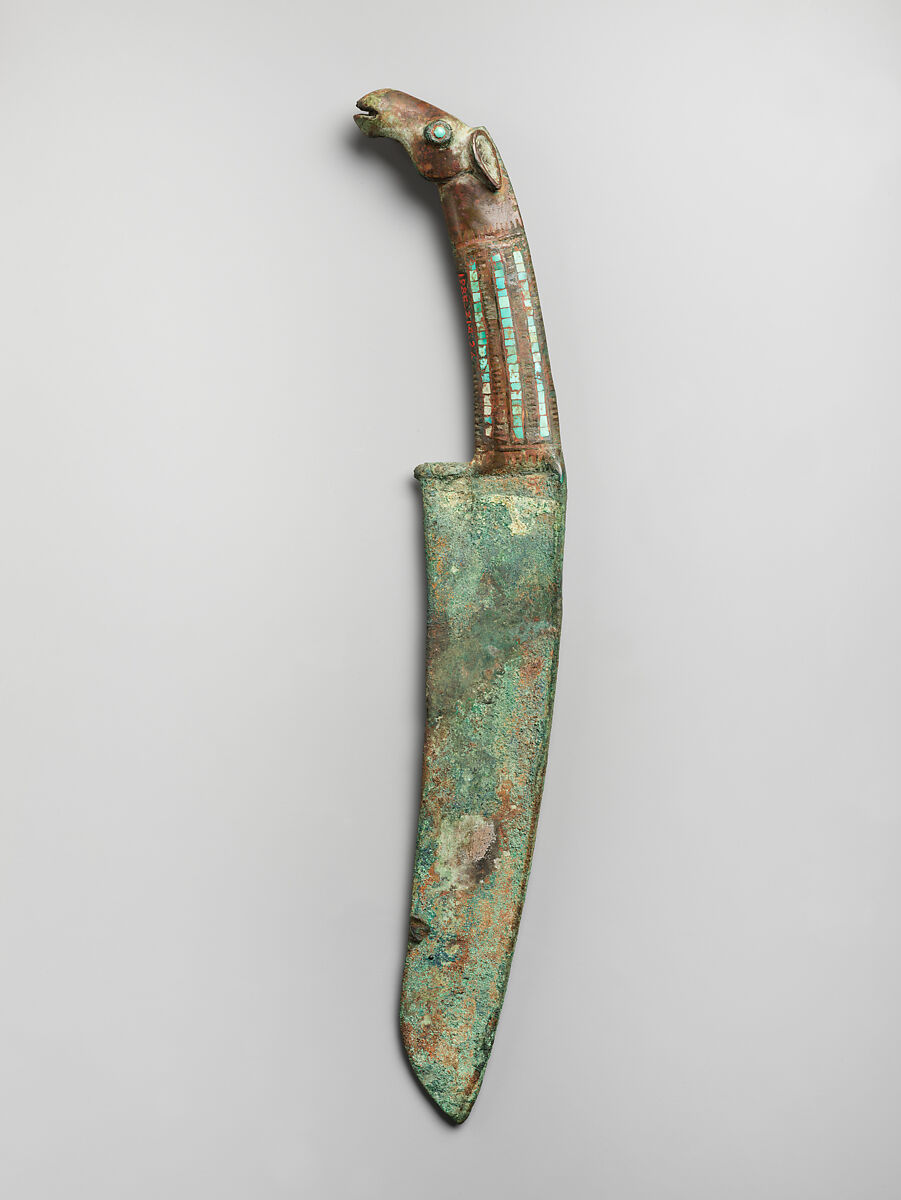 Animal-Head Knife, Bronze inlaid with turquoise, China