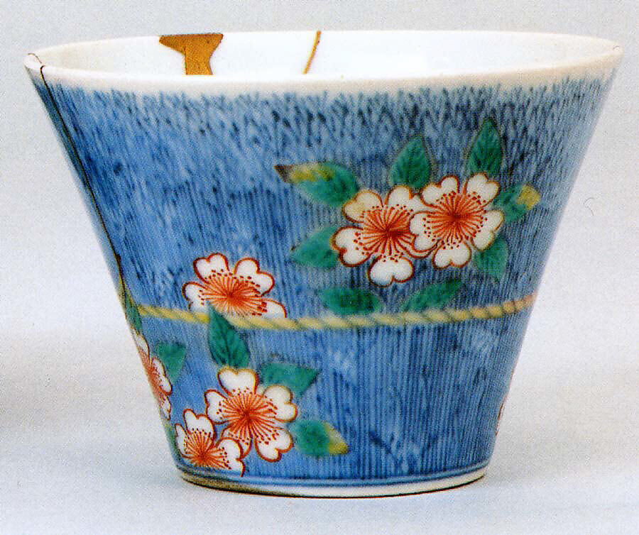 Cup with Decoration of Cherry Blossom and Brushwood Fence, Porcelain with underglaze cobalt and enamels (Nabeshima ware), Japan 