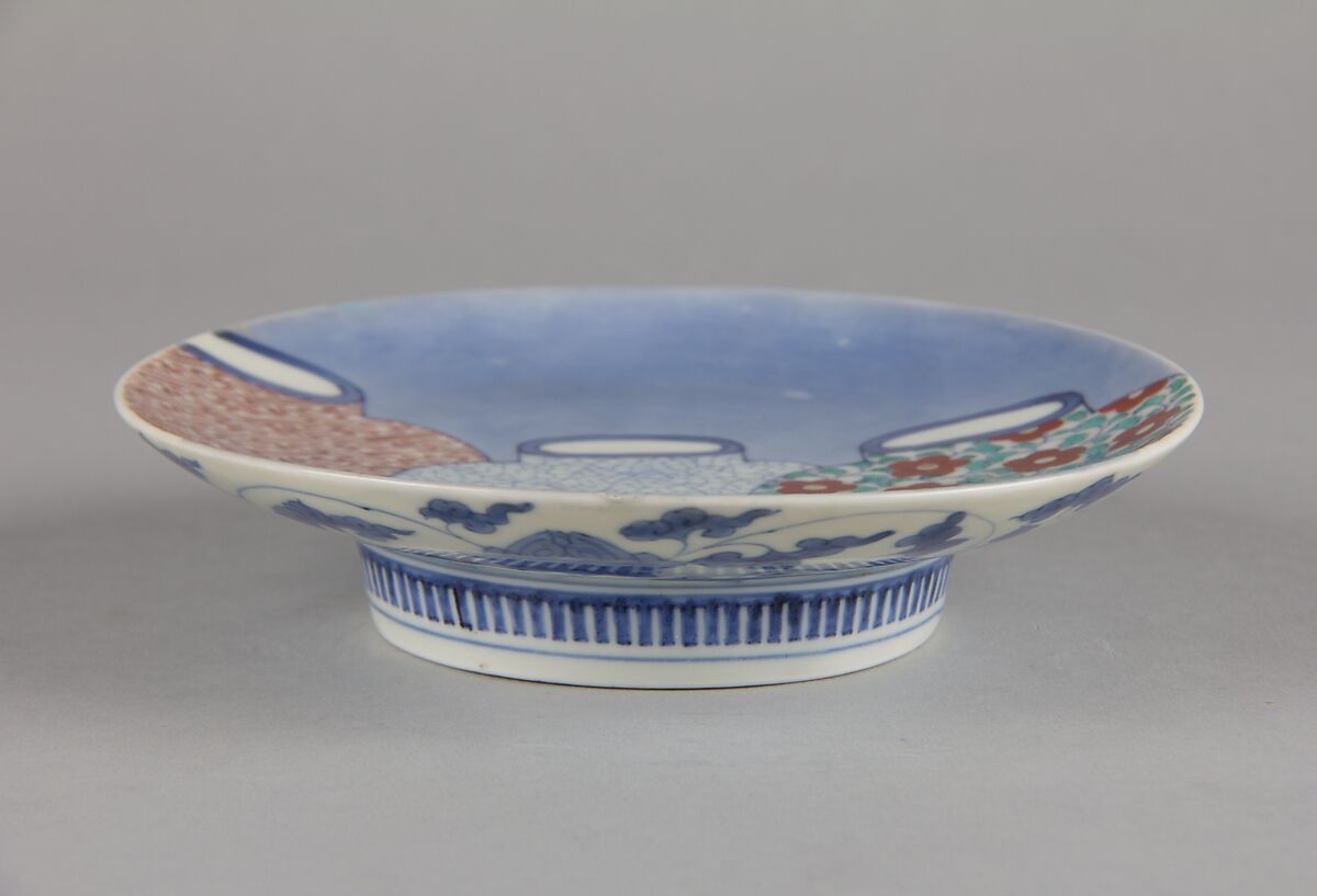 Dish with Design of Three Jars, Porcelain with underglaze blue and overglaze enamels (Hizen ware, Nabeshima type), Japan