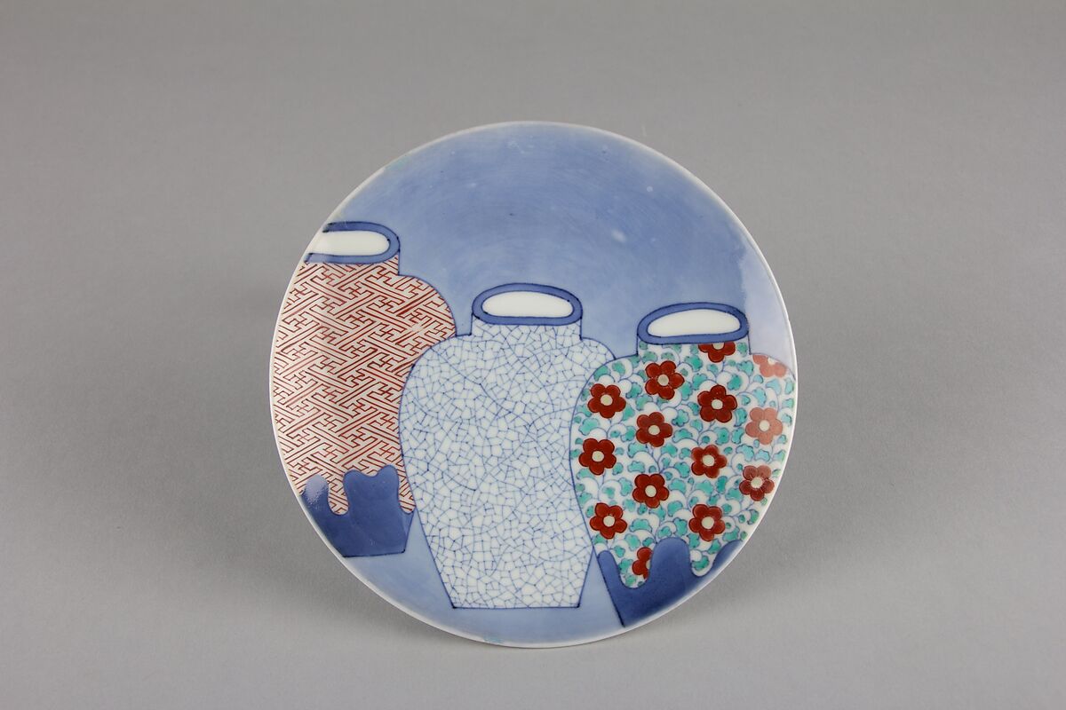 Dish with Design of Three Jars, Porcelain with underglaze blue and overglaze enamels (Hizen ware, Nabeshima type), Japan 