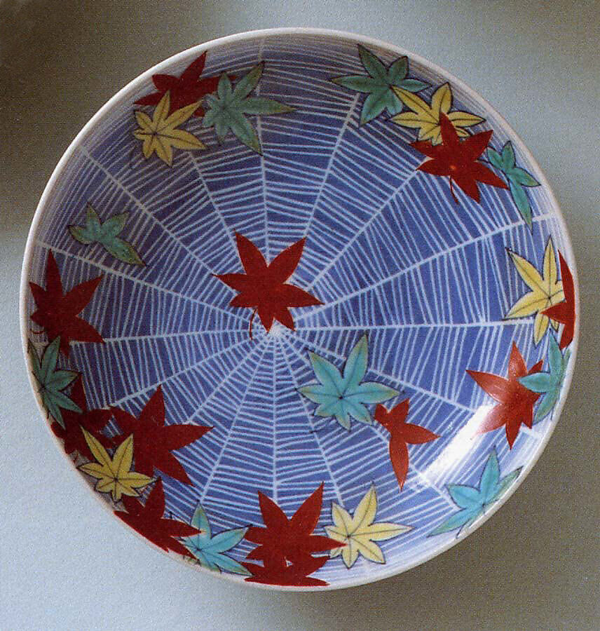 Dish with Design of Maple Leaves and Spider Web, Porcelain with underglaze blue and overglaze enamels (Hizen ware, Nabeshima type), Japan 