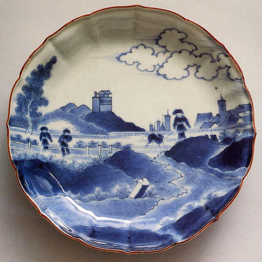 Dish with Dutch Landscape (Deshima Island or View of Scheveningen), Porcelain with underglaze blue decoration (Arita ware, Kakiemon type), Japan 