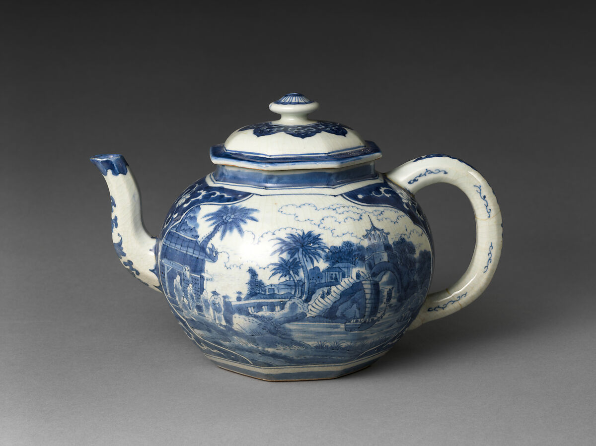 Teapot with Landscape, Design attributed to Olfert Dapper (Dutch, 1635–1689), Porcelain painted with cobalt blue under transparent glaze (Jingdezhen ware), Japan 