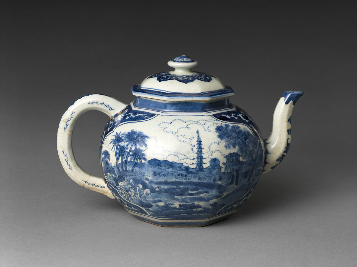 Teapot with Landscape, Design attributed to Olfert Dapper (Dutch, 1635–1689), Porcelain painted with cobalt blue under transparent glaze (Jingdezhen ware), Japan