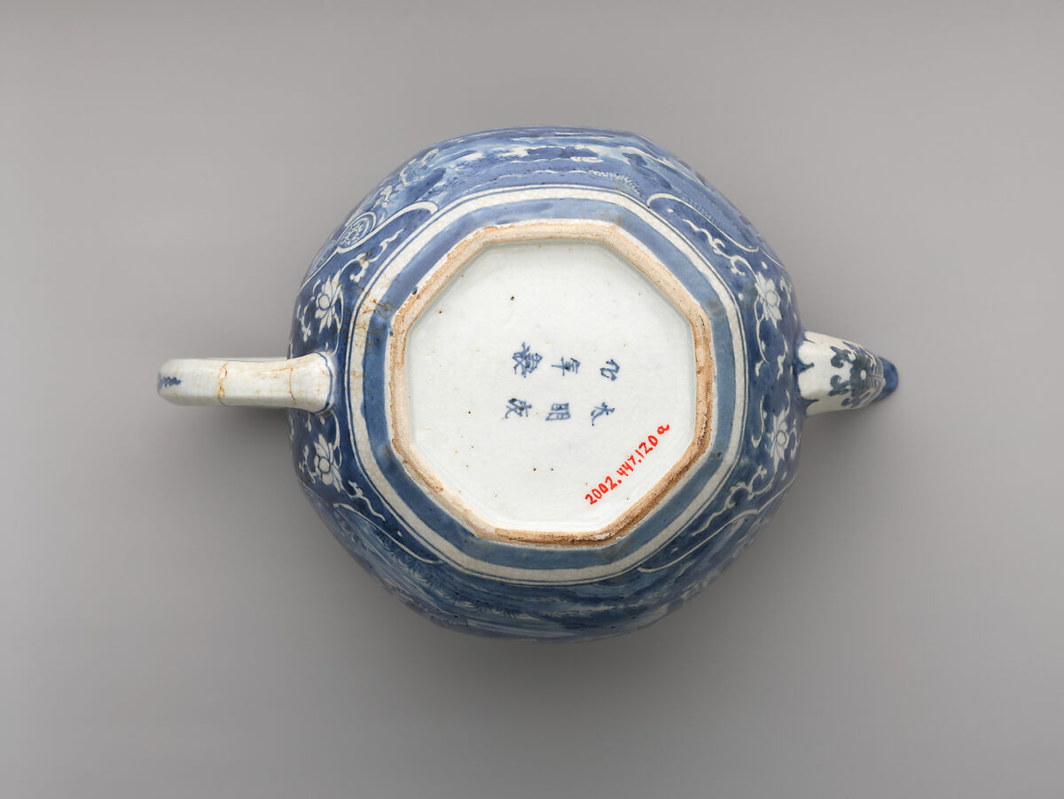 Teapot with Landscape, Design attributed to Olfert Dapper (Dutch, 1635–1689), Porcelain painted with cobalt blue under transparent glaze (Jingdezhen ware), Japan