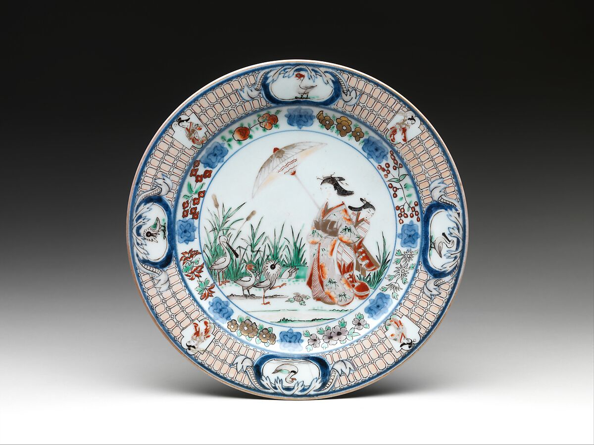 Plate Depicting Lady with a Parasol, Design attributed to Cornelis Pronk (Dutch, Amsterdam 1691–1759 Amsterdam), Porcelain painted with cobalt blue under and colored enamels over transparent glaze (Hizen ware; Imari type), Japan 