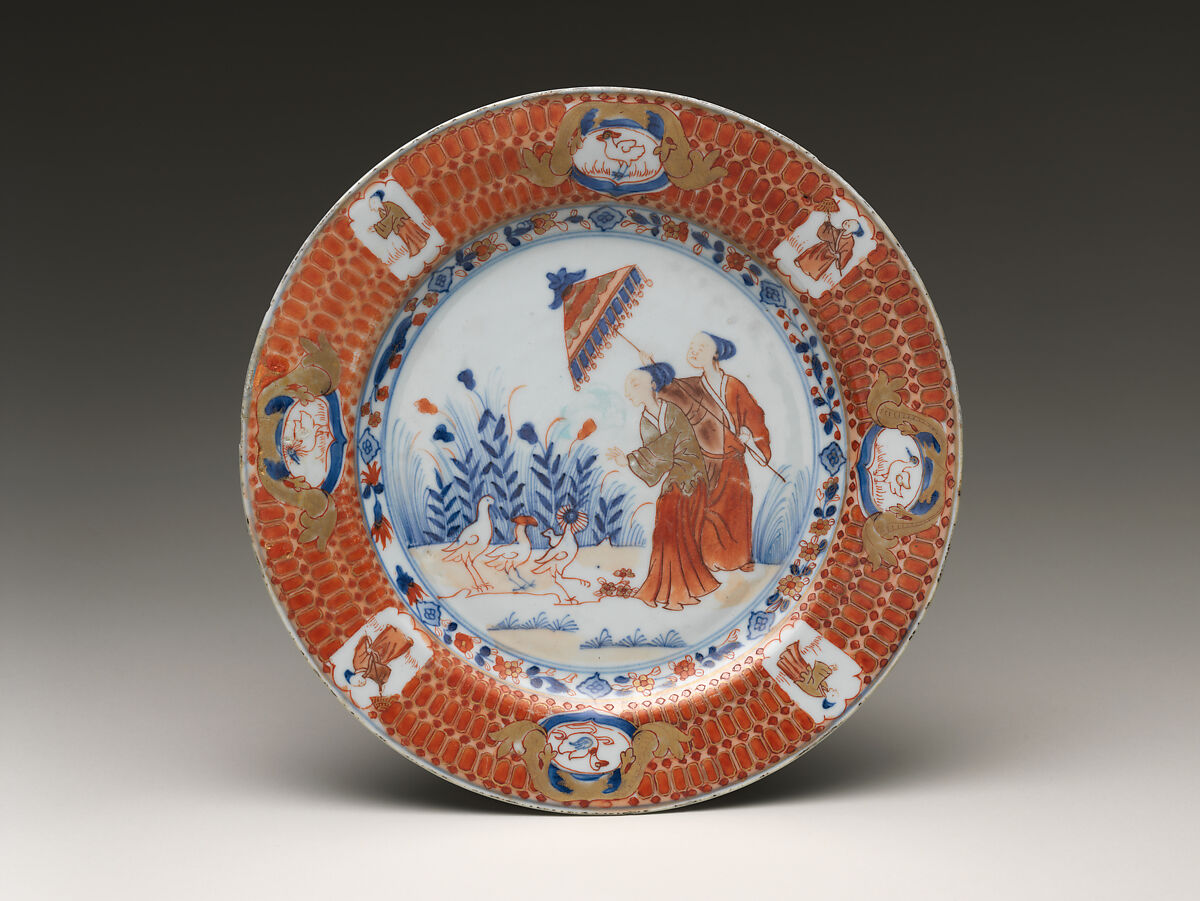 Dish Depicting Lady with a Parasol, Design attributed to Cornelis Pronk (Dutch, Amsterdam 1691–1759 Amsterdam), Porcelain painted with cobalt blue under and colored enamels over transparent glaze (Hizen ware; Imari type), Japan 