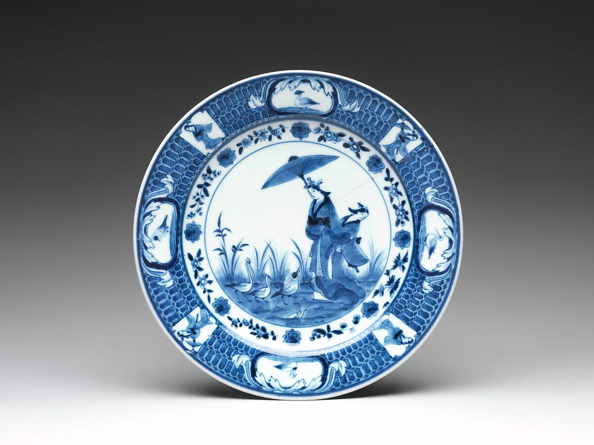 Dish with Parasol Ladies, Design attributed to Cornelis Pronk (Dutch, Amsterdam 1691–1759 Amsterdam), Porcelain painted with cobalt blue under and colored enamels over transparent glaze (Hizen ware; Imari type), Japan 