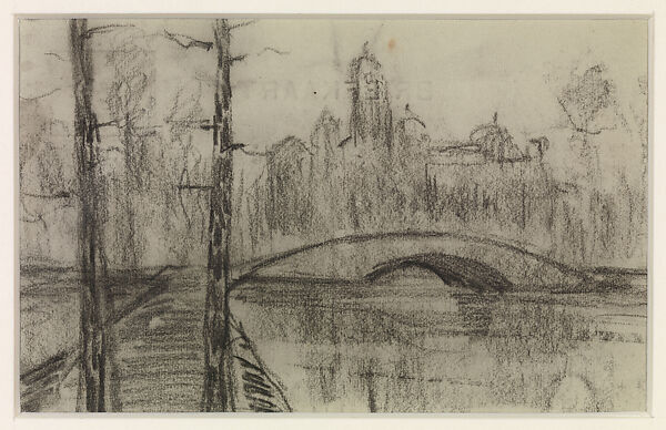 Untitled (River Landscape with Bridge), Piet Mondrian (Dutch, Amersfoort 1872–1944 New York), Black chalk on postcard 