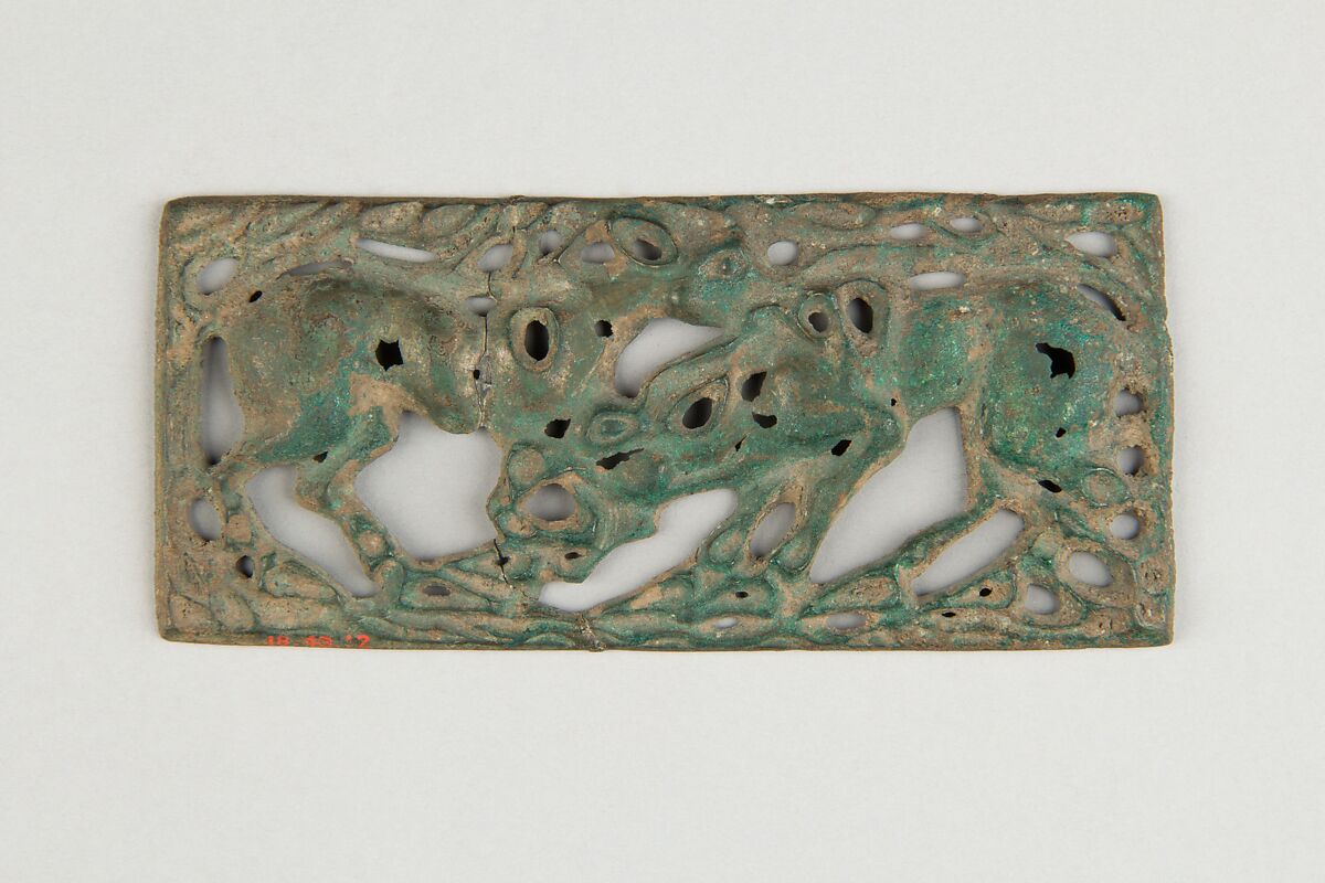 Belt Plaque with Fighting Horses, Bronze, Northwest China 