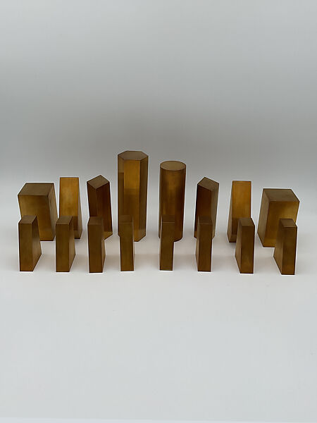 Chess Set Geometric, Larry Mohr (American, 1921–2013), Aluminum and bronze