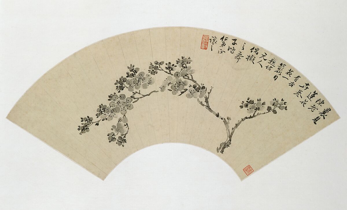 Apricot, Wu Xizai (Chinese, 1799–1870), Folding fan mounted as an album leaf; ink and color on alum paper, China 